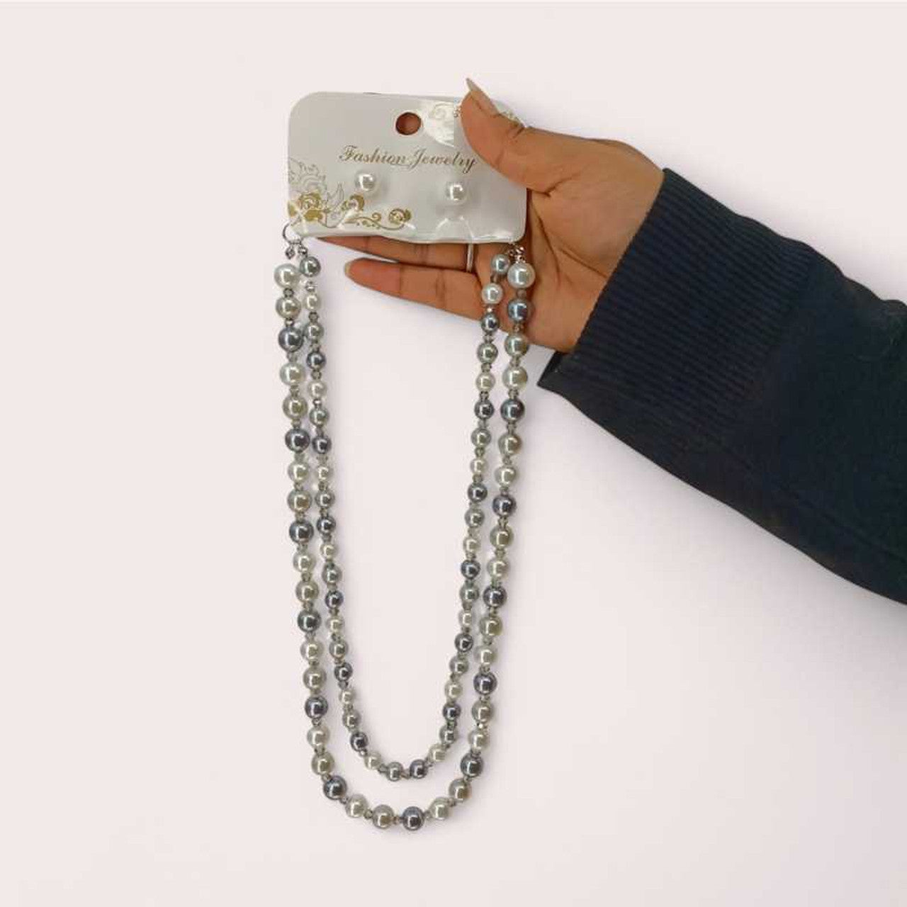 2-Layer White & Gray Moti Mala with Earring Set