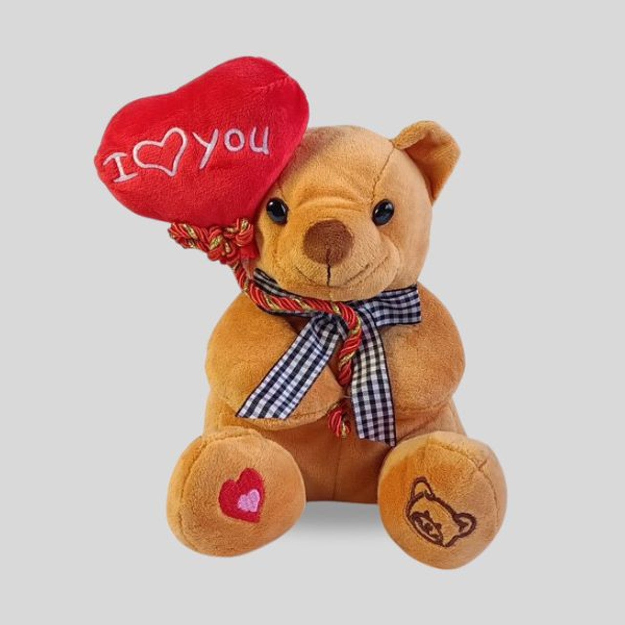Brown Teddy Sitting with Bow & Heart Design- 8"