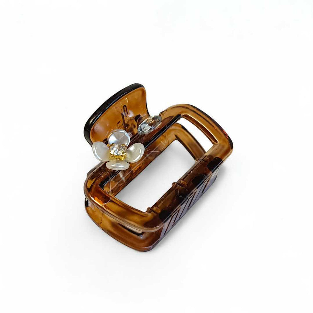 Brown Hair Clip with White Flower