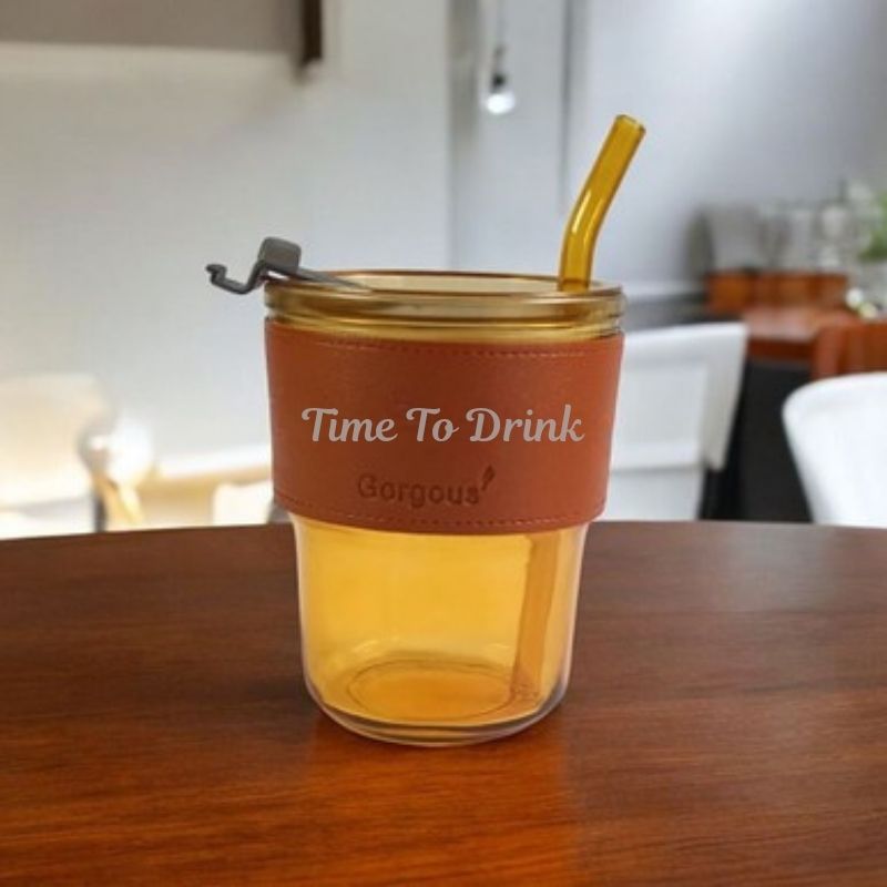 Brown Glass Tumbler with Straw – 400ml