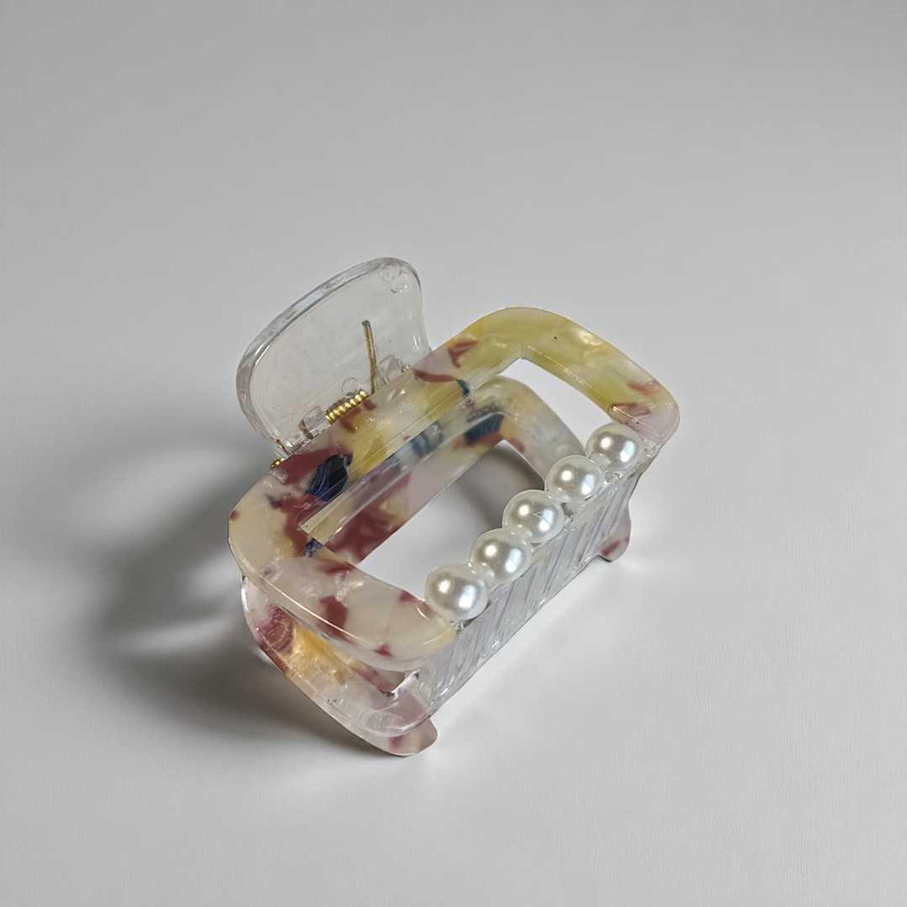 Yellow Printed Hair Clip with Pearl