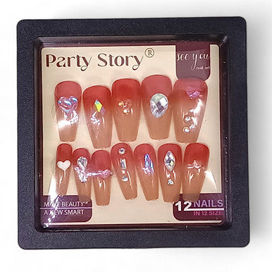 Press-On Coffin Nails – Red Fade & Gem Design