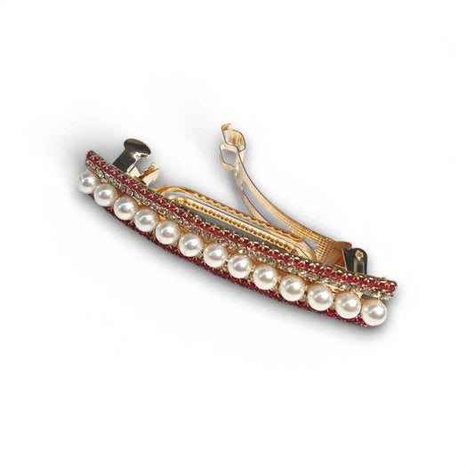 Beautifully Crafted White Moti and  Red Stone Hair Clip