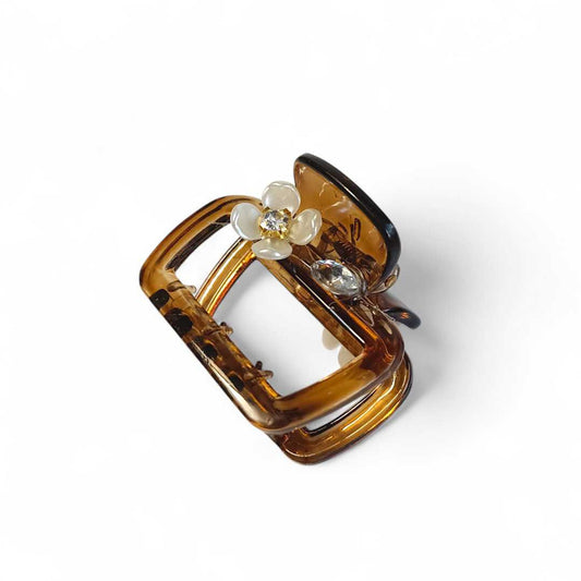 Brown Hair Clip with White Flower