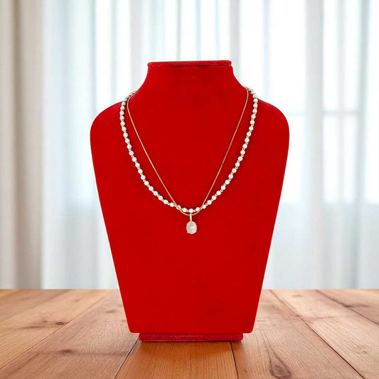 Double-Layer Necklace with White Stone & Beads