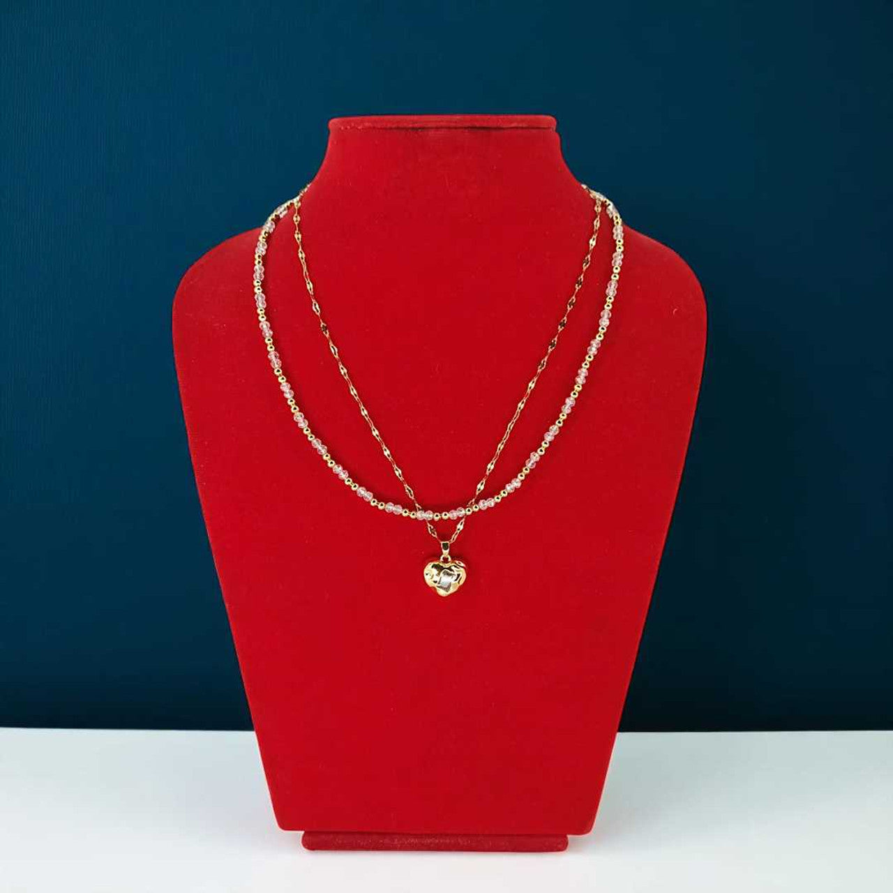 Double Layer Heart Pendant with White Stone & Beads