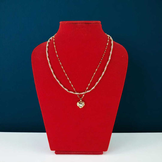 Double Layer Heart Pendant with White Stone & Beads