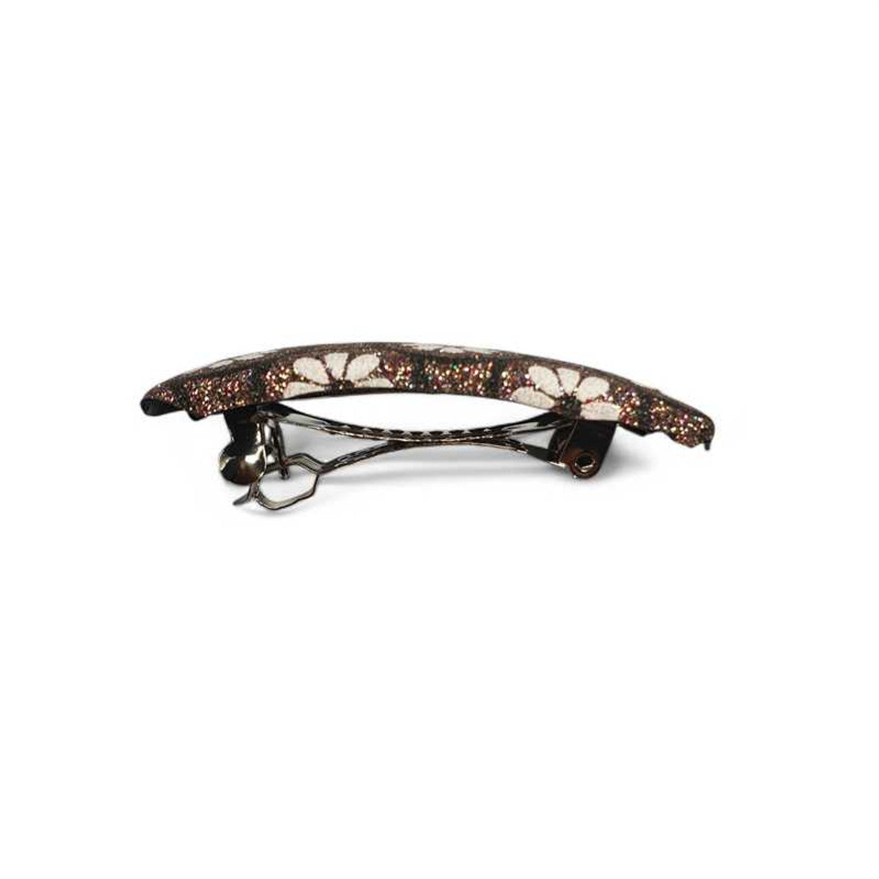 Brown Hair Clip with Glittery Floral Print