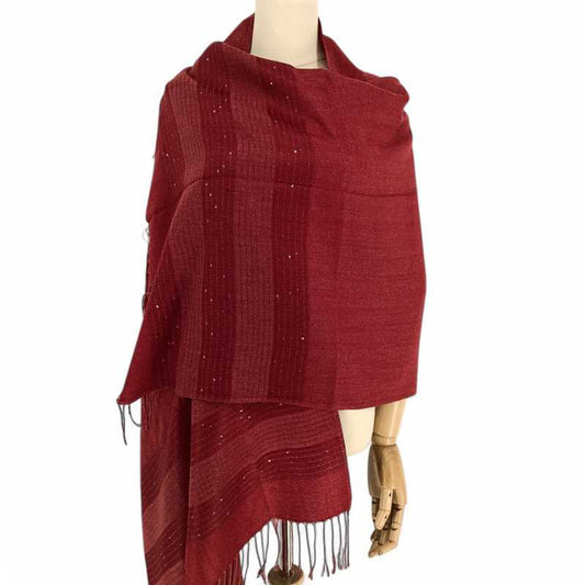 Red Pashmina with Linear Zari Design