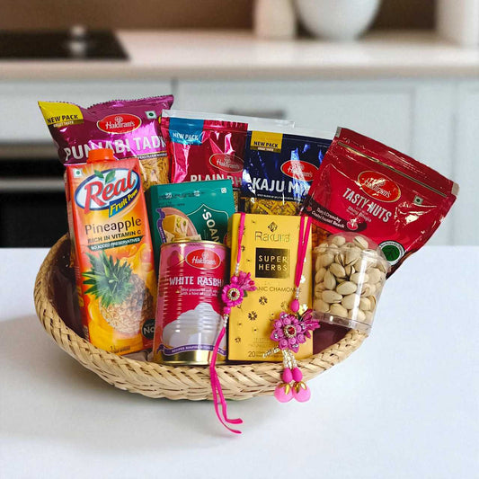 Rakhi Gift Basket for Bhaiya & Bhabhi with Snacks & Juice
