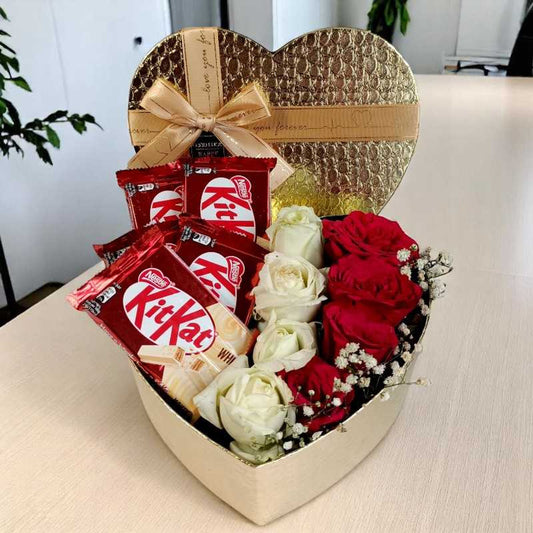 Roses & White Kitkat In Heart Box