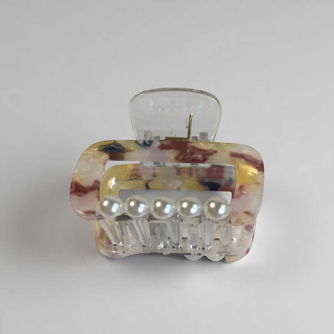 Yellow Printed Hair Clip with Pearl