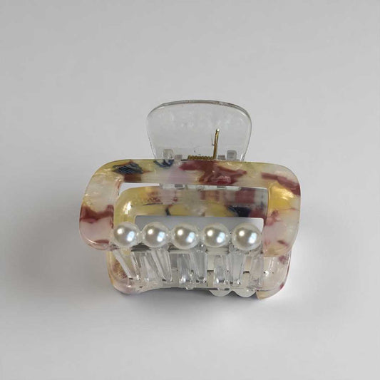 Yellow Printed Hair Clip with Pearl