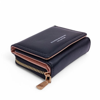 Black Tri-Fold Wallet With Zip Pocket For Ladies