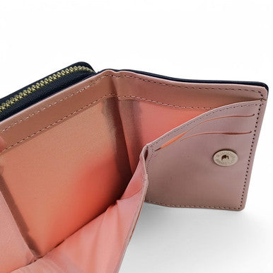 Black Tri-Fold Wallet With Zip Pocket For Ladies