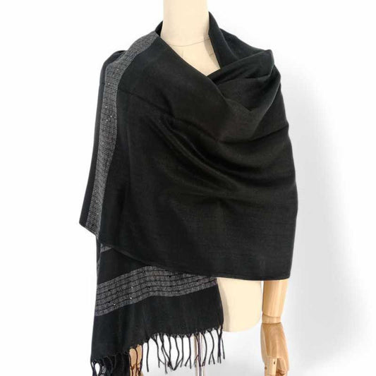 Black Linear Pashmina with Zari Work - GiftstoNepal.com | GTN