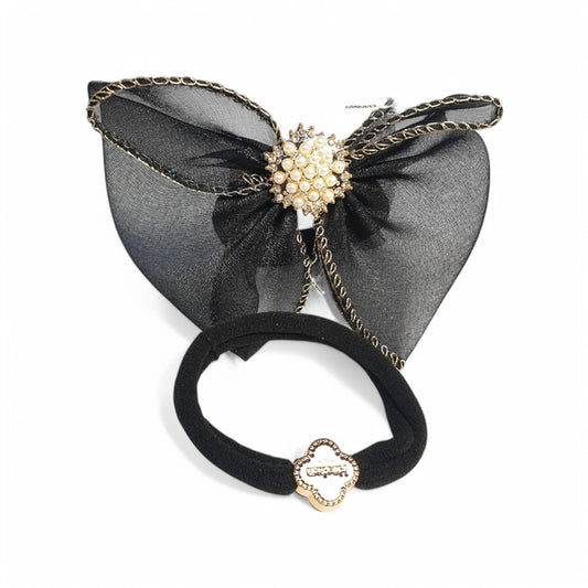 Black Hair Rubber Band with Organza Bow