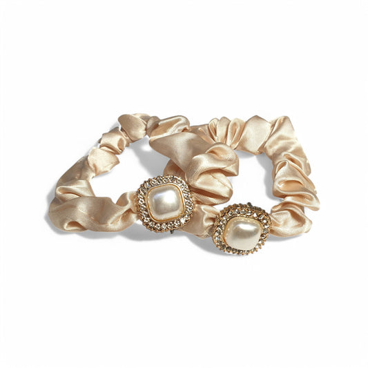 Pair of Cream Silk Scrunchies with Moti Pearls
