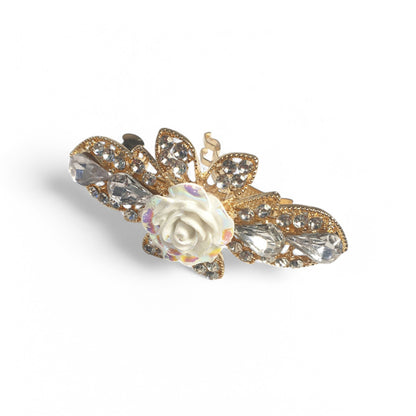 Stone Embellished White Rose Hair Clip