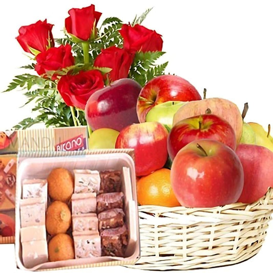 Assorted Mithai, Fruits Basket with Half Dozen Rose Combo