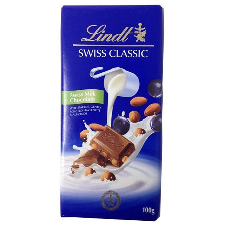 Lindt Swiss Classic Milk Chocolate Raisins, Roasted Hazelnuts & Almonds (100g) - GiftstoNepal.com | GTN