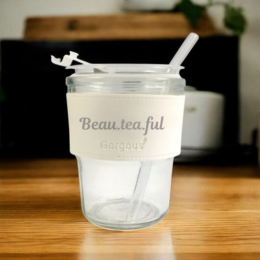 White Glass Tumbler with Straw – 400ml